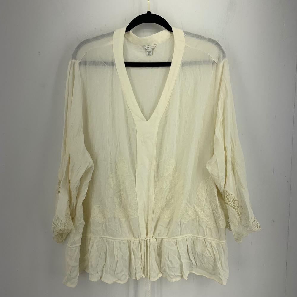 Gauzy Womens 22/24W Boho Blouse Crochet Lace Ruffle Peplum Top Cottage Coastal